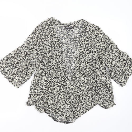 internationale Womens Black Floral Viscose Basic Blouse Size 10 V-Neck