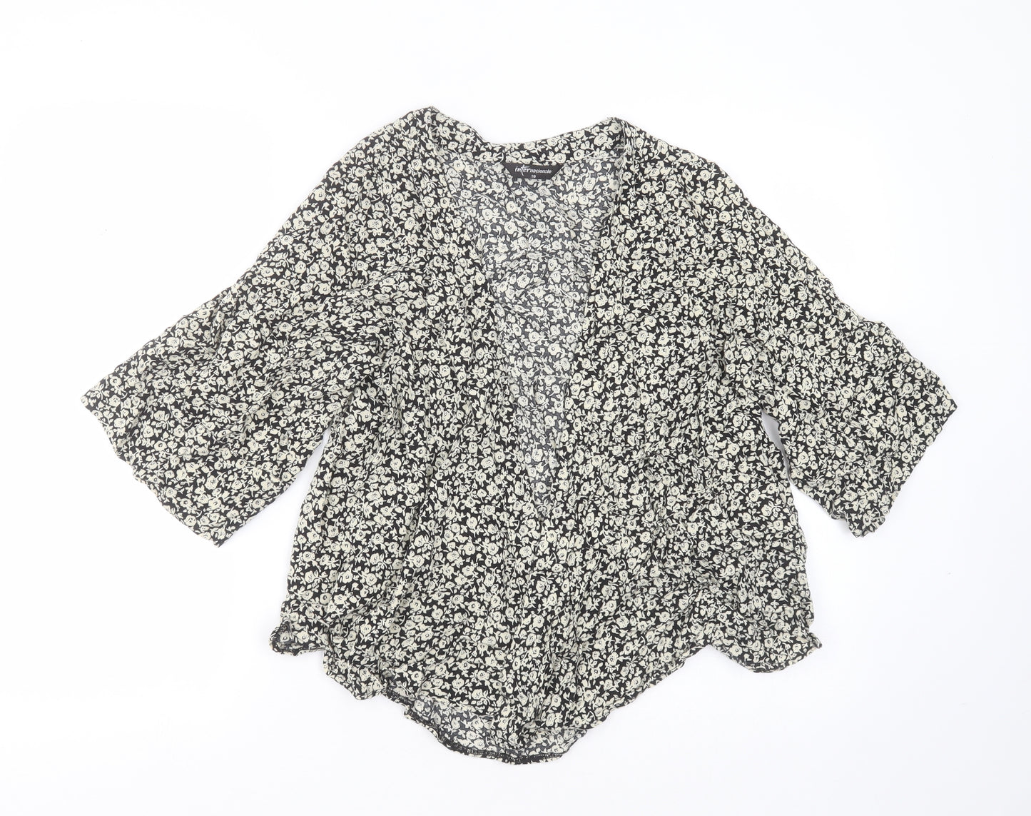 internationale Womens Black Floral Viscose Basic Blouse Size 10 V-Neck