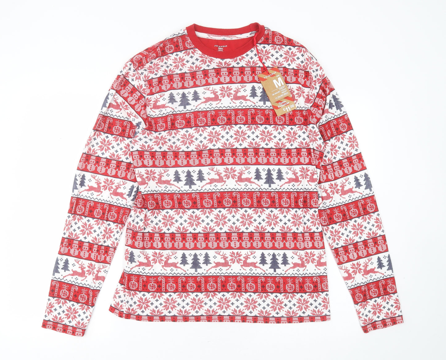 Primark Mens Red Fair Isle Polyester  Pyjama Top Size M   - christmas
