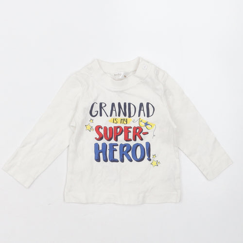 Baby M&Co Baby White  Cotton Basic T-Shirt Size 3-6 Months Round Neck  - Grandad is my superhero