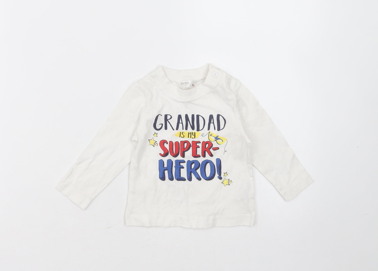 Baby M&Co Baby White  Cotton Basic T-Shirt Size 3-6 Months Round Neck  - Grandad is my superhero