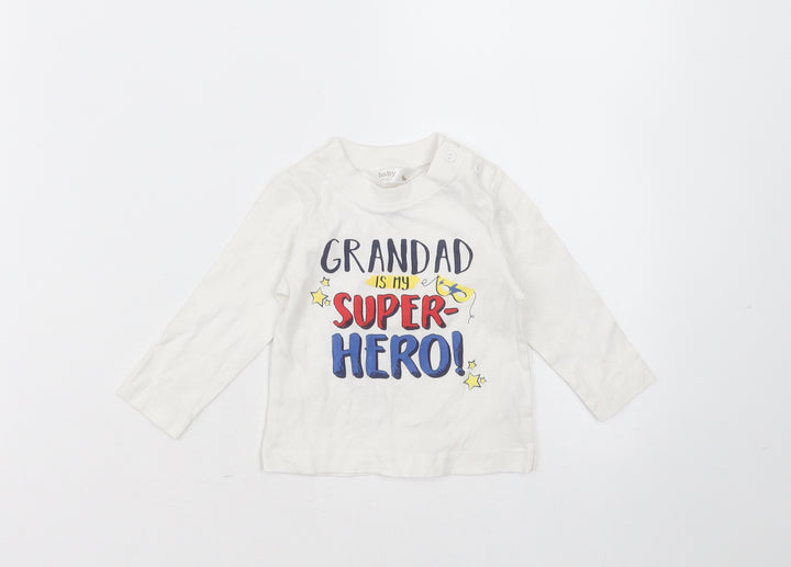 Baby M&Co Baby White  Cotton Basic T-Shirt Size 3-6 Months Round Neck  - Grandad is my superhero