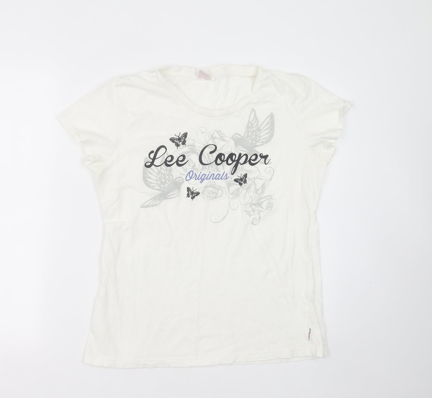 Lee Cooper Womens White  Cotton Basic T-Shirt Size 16 Round Neck - birds, flowers
