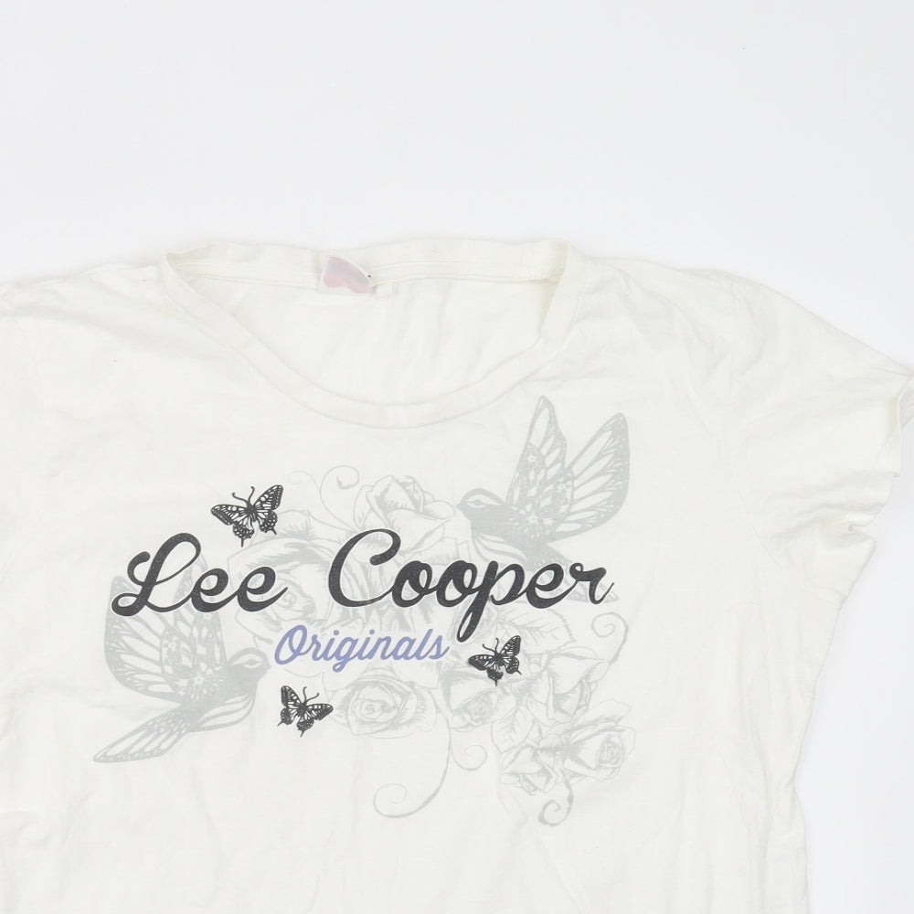 Lee Cooper Womens White  Cotton Basic T-Shirt Size 16 Round Neck - birds, flowers