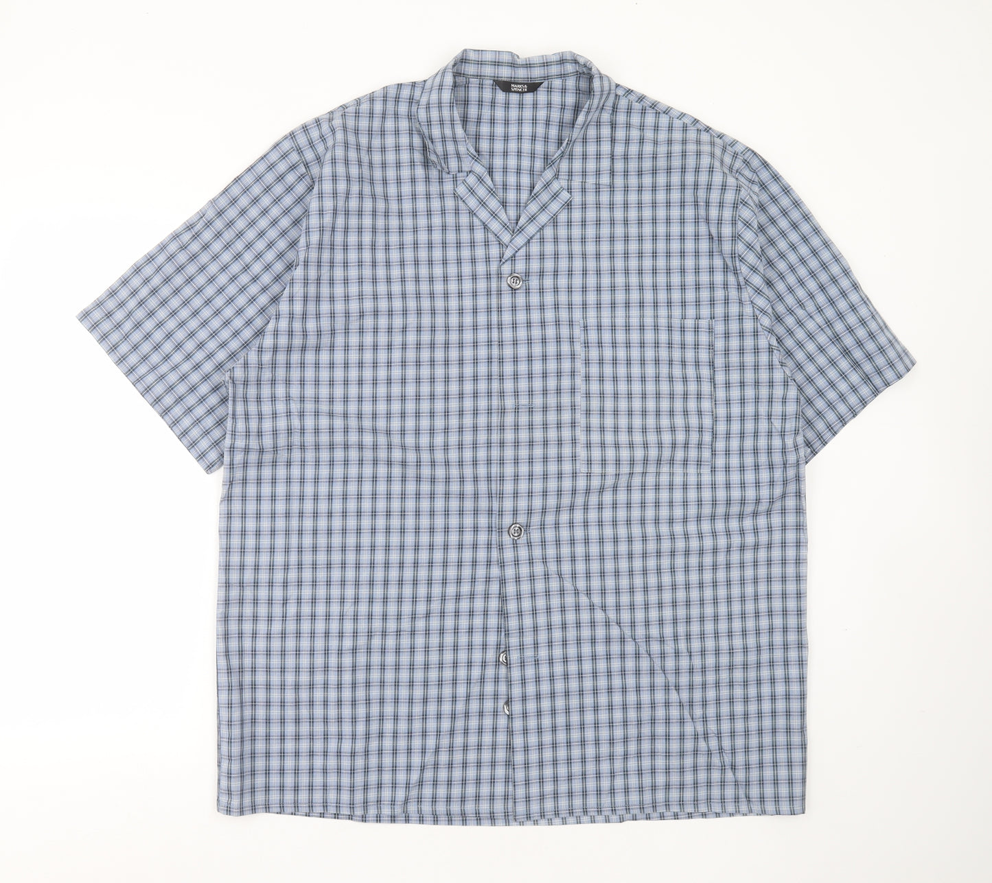 Marks and Spencer Mens Blue Check Cotton  Pyjama Top Size L  Button