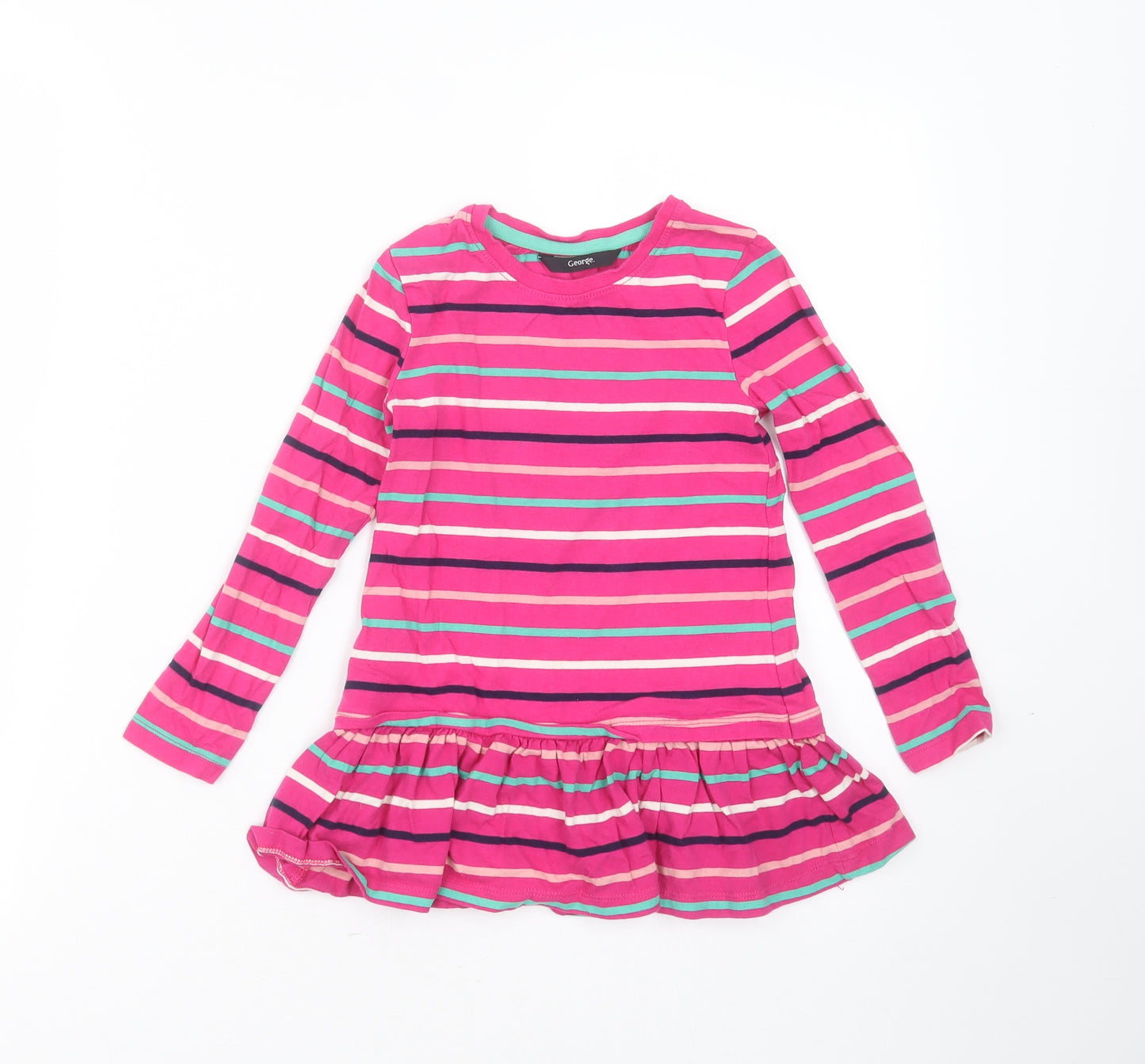 George Girls Pink Striped Cotton Basic T-Shirt Size 5-6 Years Round Neck