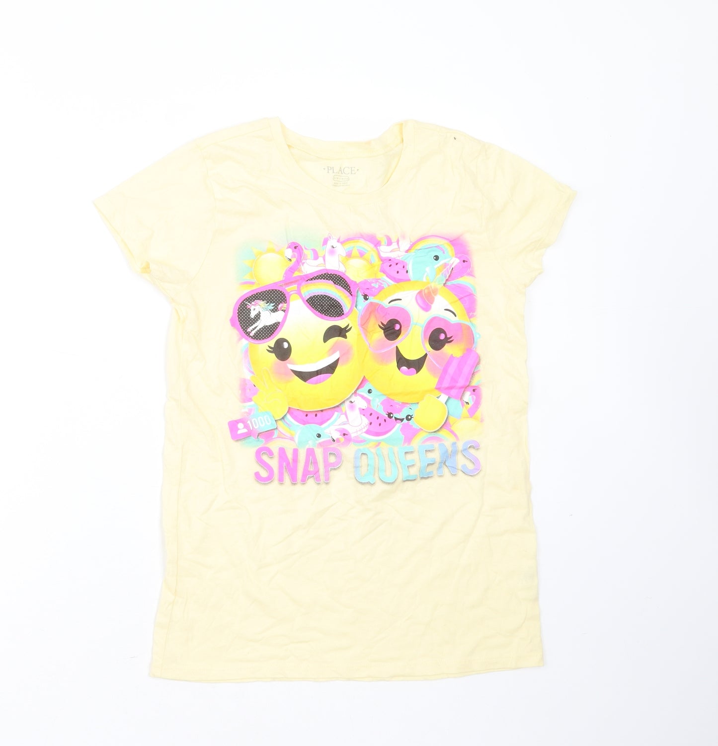 PLACE Girls Yellow  Cotton Basic T-Shirt Size 10 Years Round Neck  - snap queens