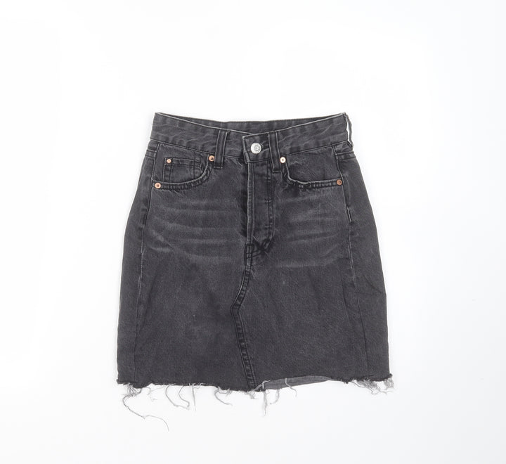H&M Womens Grey Cotton Mini Skirt Size 4 - Distressed hem