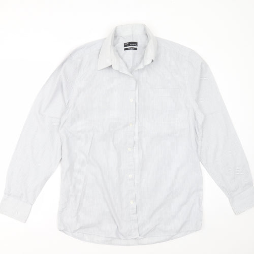 B&W Mens White Striped Polyester  Button-Up Size 15.5 Collared Button