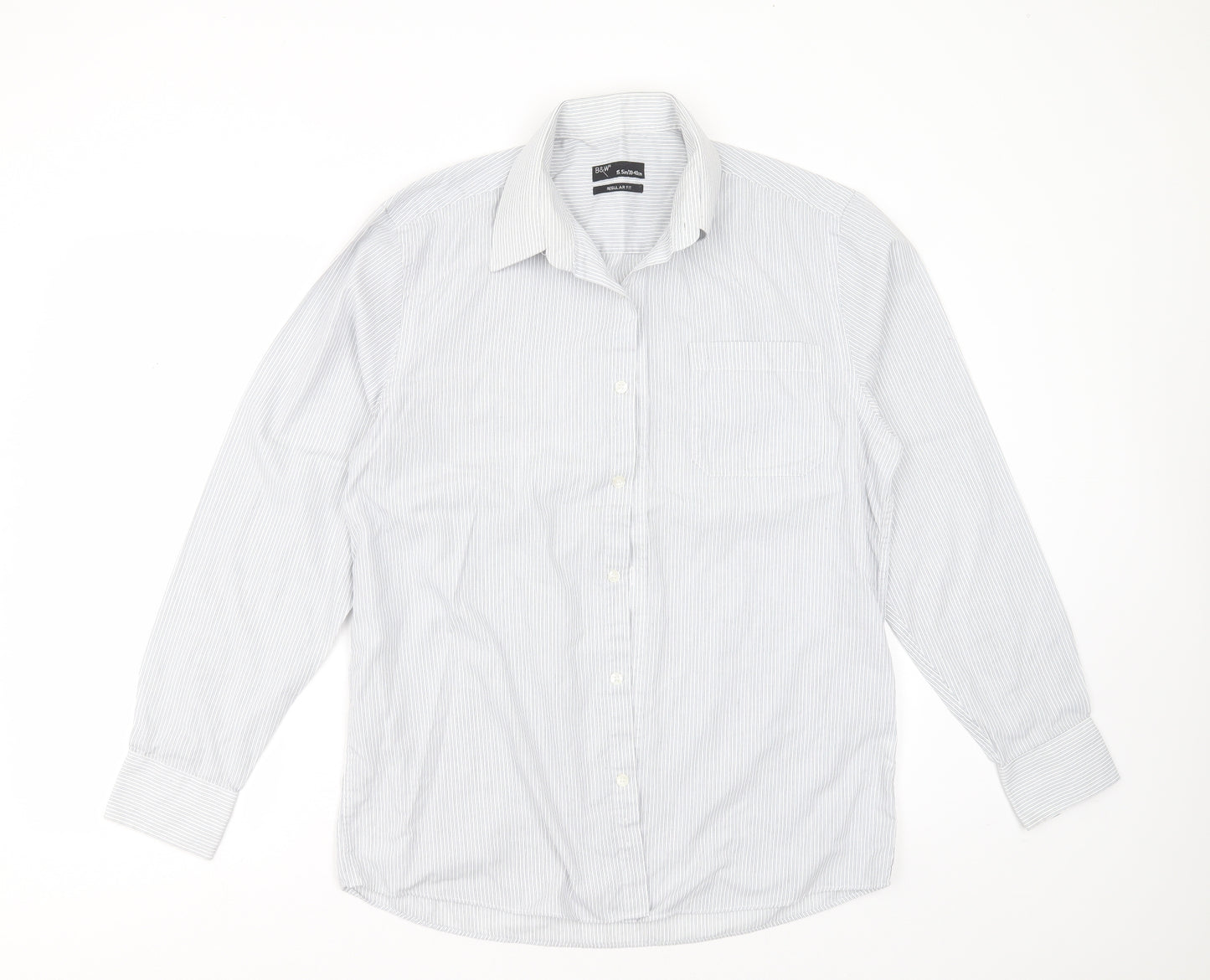 B&W Mens White Striped Polyester  Button-Up Size 15.5 Collared Button