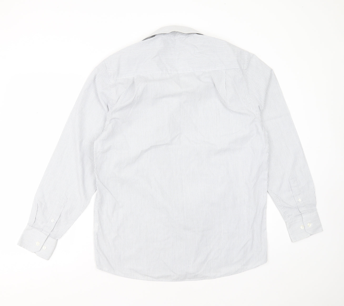 B&W Mens White Striped Polyester  Button-Up Size 15.5 Collared Button