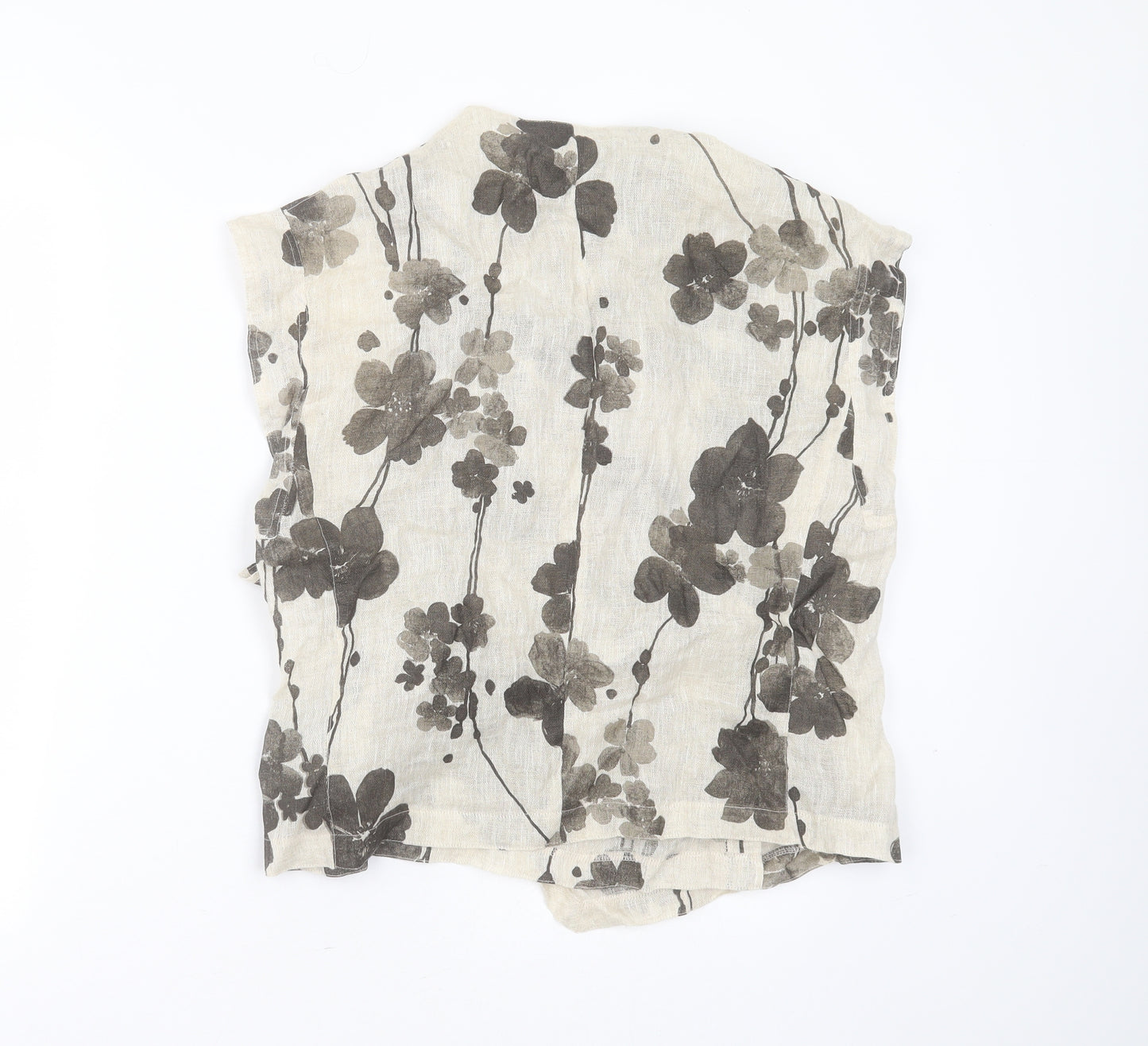 Joyce Ridings Womens Beige Floral Linen Wrap Blouse Size 14 V-Neck
