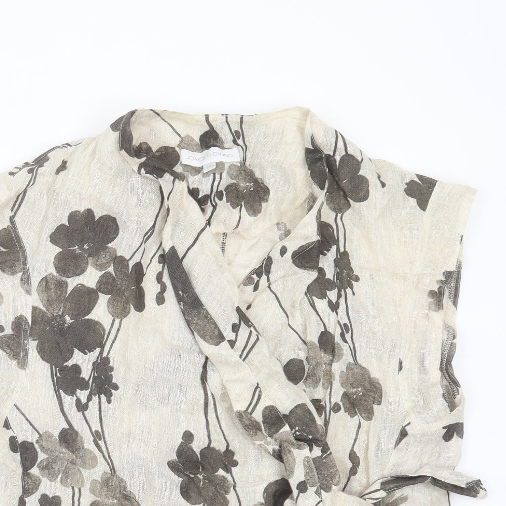 Joyce Ridings Womens Beige Floral Linen Wrap Blouse Size 14 V-Neck