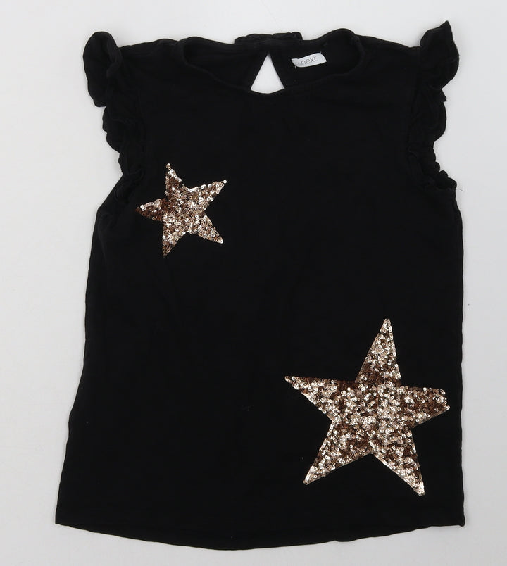 NEXT Girls Black Geometric Cotton Basic T-Shirt Size 11 Years Crew Neck Button - Star Print