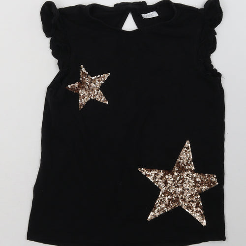 NEXT Girls Black Geometric Cotton Basic T-Shirt Size 11 Years Crew Neck Button - Star Print