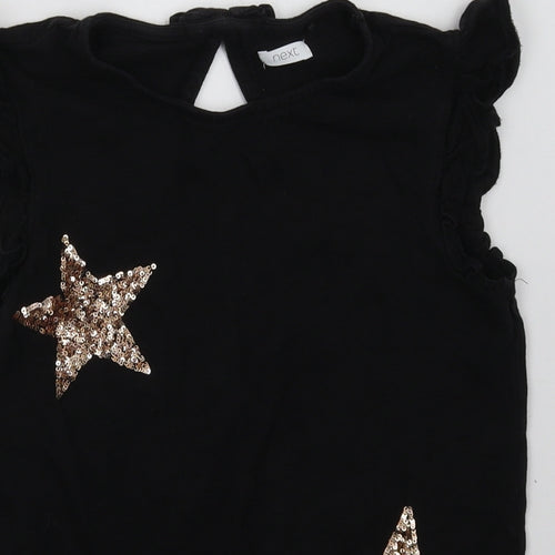 NEXT Girls Black Geometric Cotton Basic T-Shirt Size 11 Years Crew Neck Button - Star Print
