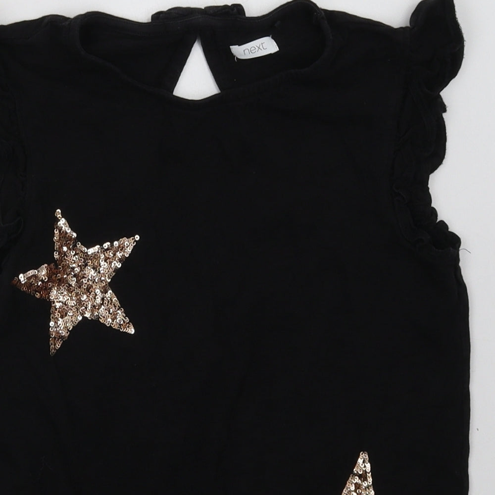 NEXT Girls Black Geometric Cotton Basic T-Shirt Size 11 Years Crew Neck Button - Star Print