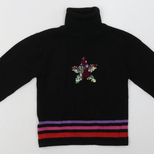 Preworn Girls Black Striped Acrylic Basic Casual Size 4-5 Years Roll Neck Pullover - Star Print