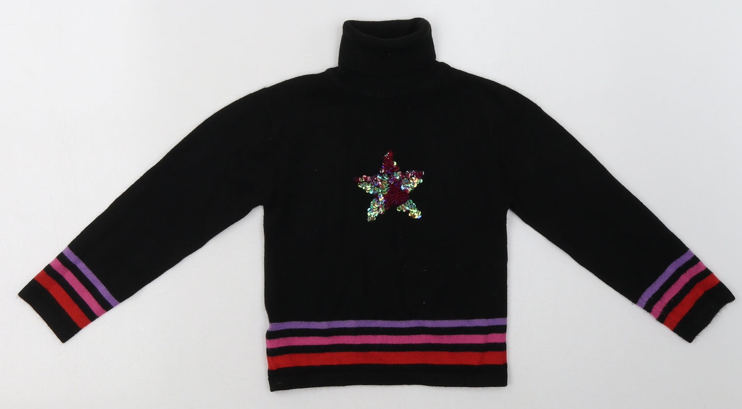Preworn Girls Black Striped Acrylic Basic Casual Size 4-5 Years Roll Neck Pullover - Star Print