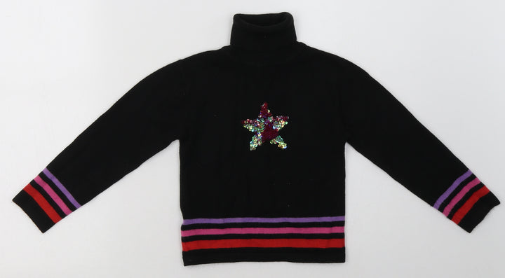 Preworn Girls Black Striped Acrylic Basic Casual Size 4-5 Years Roll Neck Pullover - Star Print