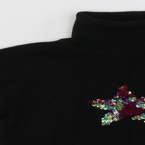 Preworn Girls Black Striped Acrylic Basic Casual Size 4-5 Years Roll Neck Pullover - Star Print