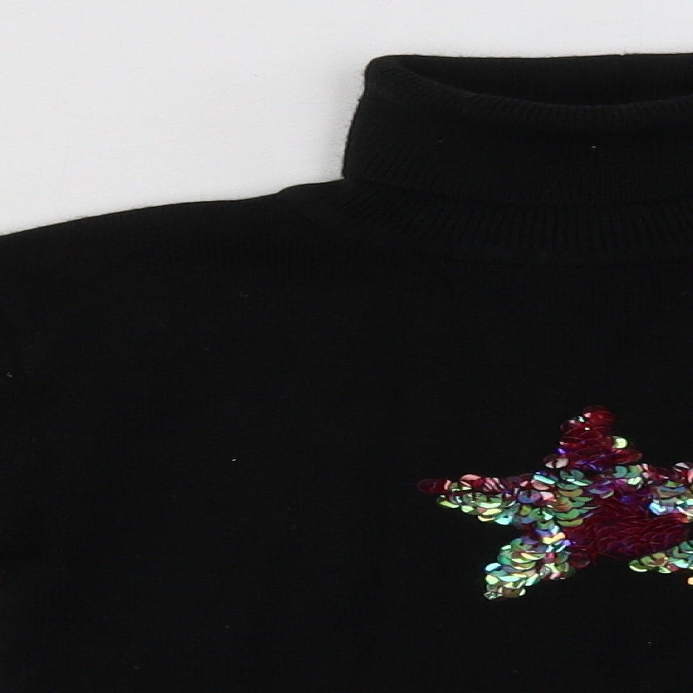 Preworn Girls Black Striped Acrylic Basic Casual Size 4-5 Years Roll Neck Pullover - Star Print