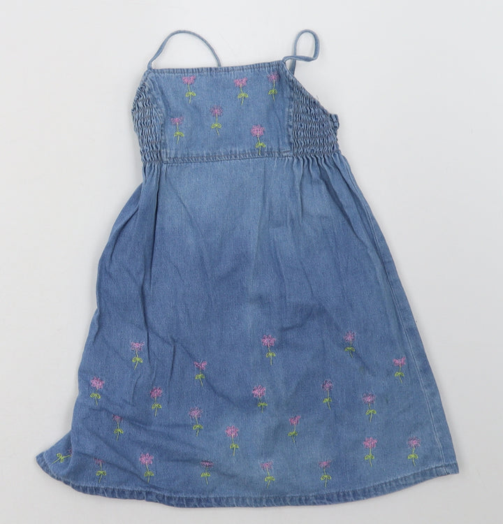 Preworn Girls Blue Floral Cotton A-Line  Size 3-4 Years  Square Neck Pullover