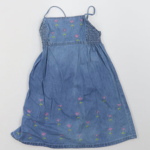 Preworn Girls Blue Floral Cotton A-Line  Size 3-4 Years  Square Neck Pullover