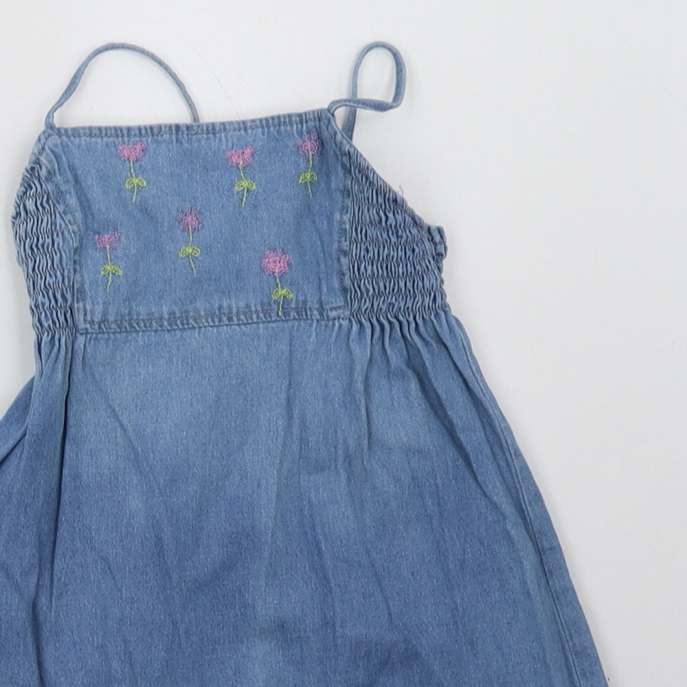 Preworn Girls Blue Floral Cotton A-Line  Size 3-4 Years  Square Neck Pullover