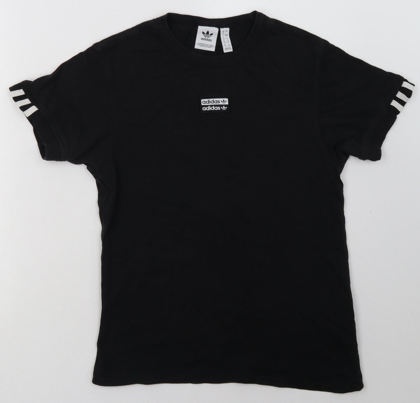 adidas Womens Black Striped Cotton Basic T-Shirt Size 8 Crew Neck