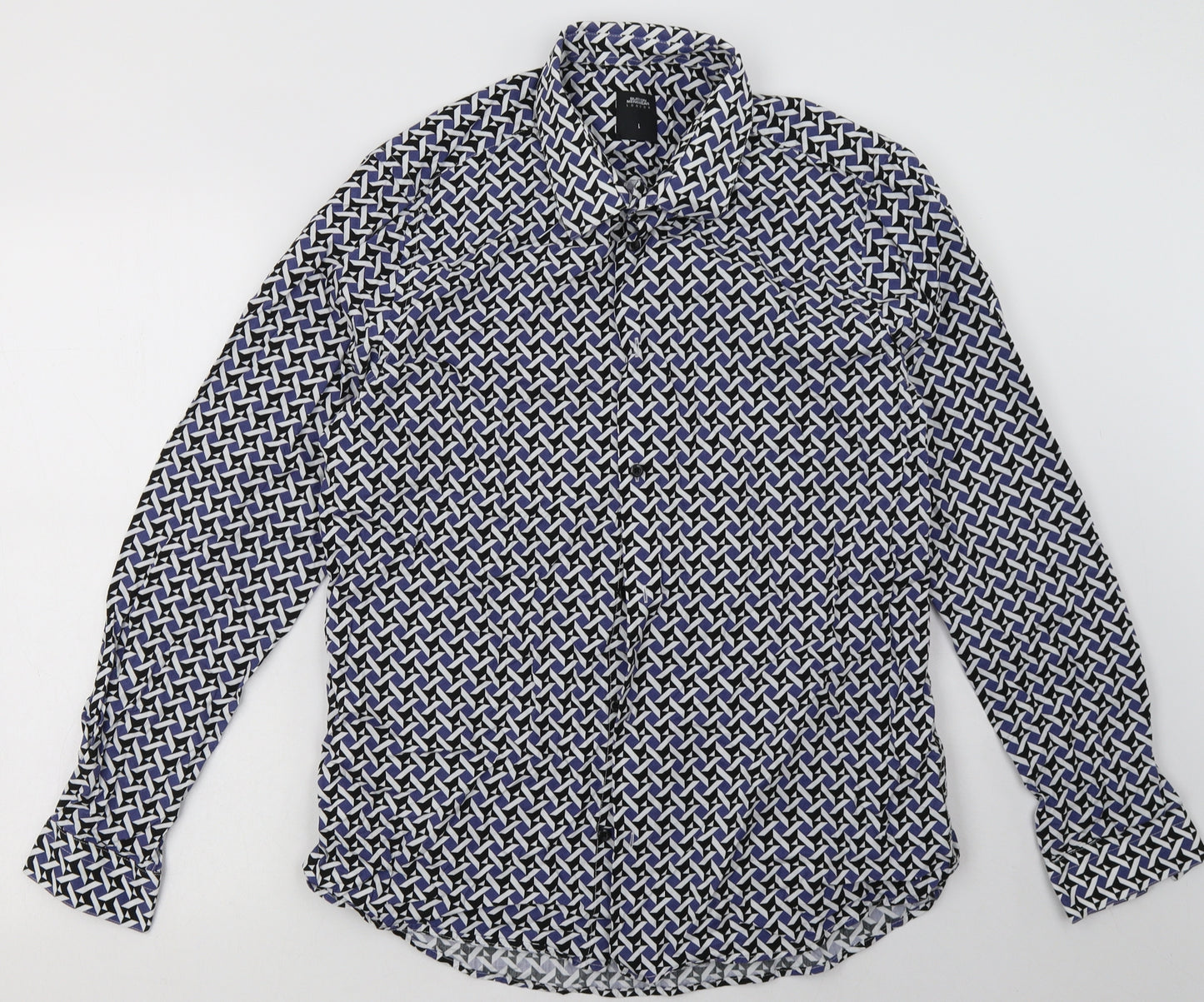 Burton Mens Blue Geometric Cotton  Button-Up Size L Collared Button