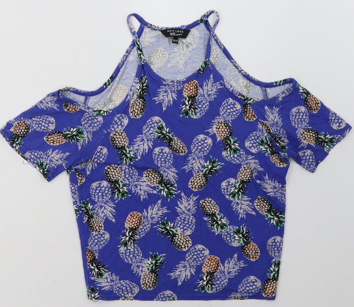 New Look Girls Blue Geometric Viscose Basic T-Shirt Size 12-13 Years Crew Neck Pullover - Pineapple Print
