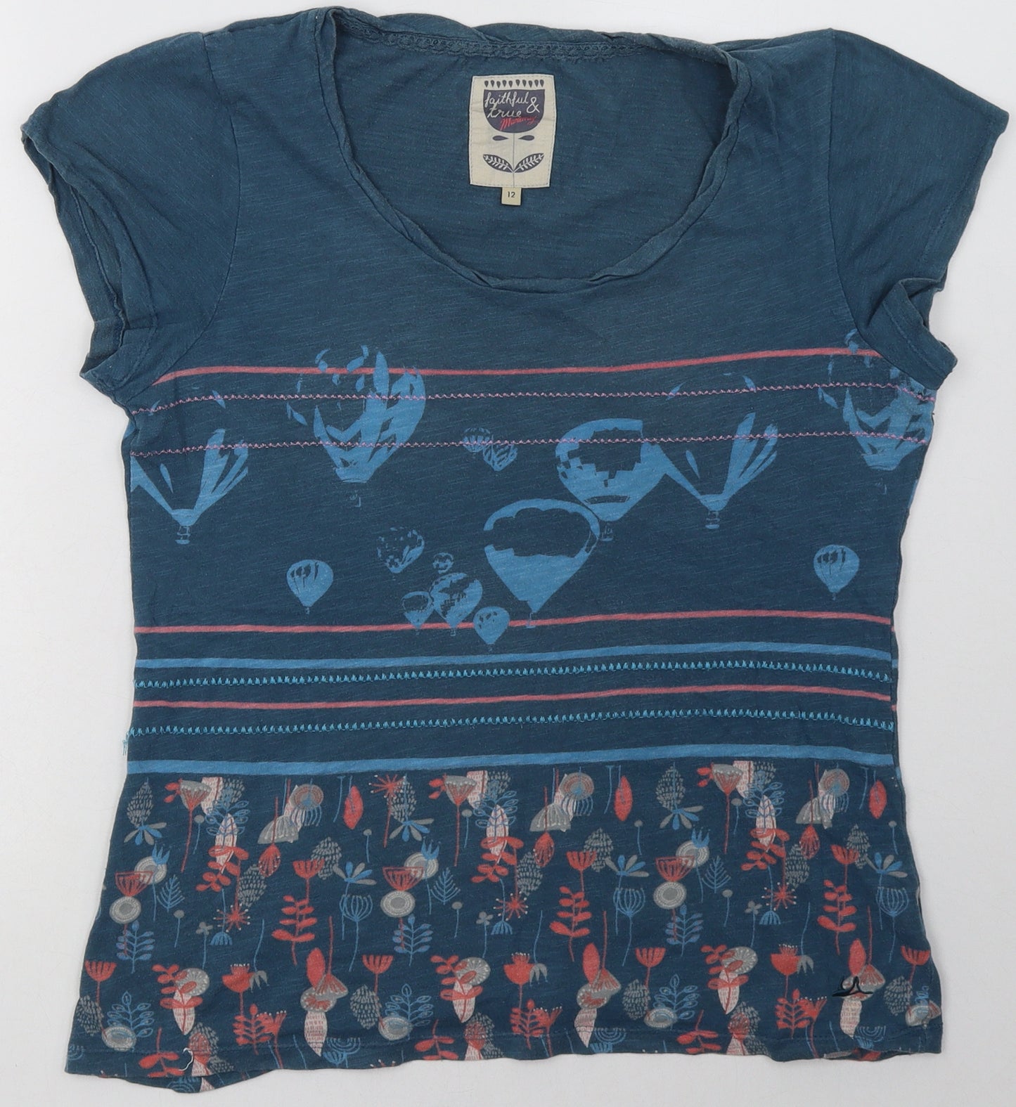 Debenhams Womens Blue Geometric Cotton Basic T-Shirt Size 12 Crew Neck