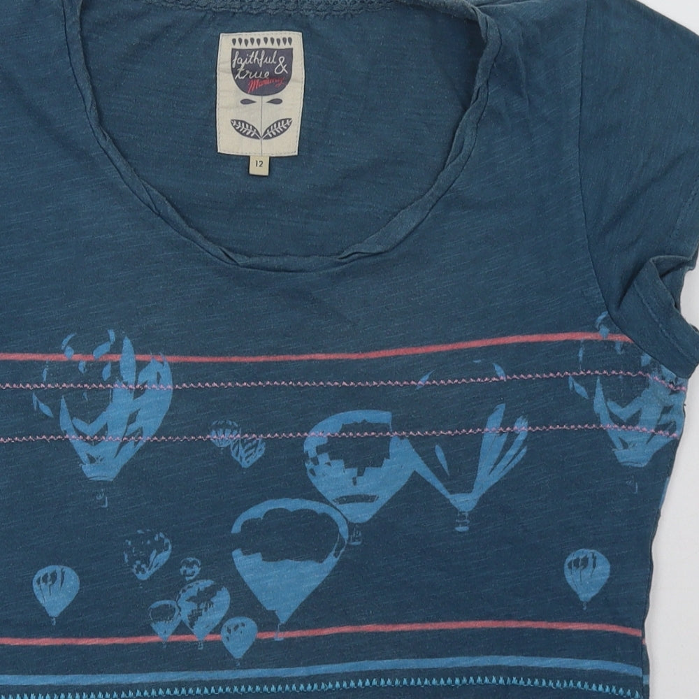 Debenhams Womens Blue Geometric Cotton Basic T-Shirt Size 12 Crew Neck