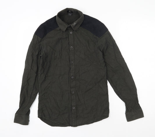 Front view of H&M men’s green cotton button-up, size XS, collared button
