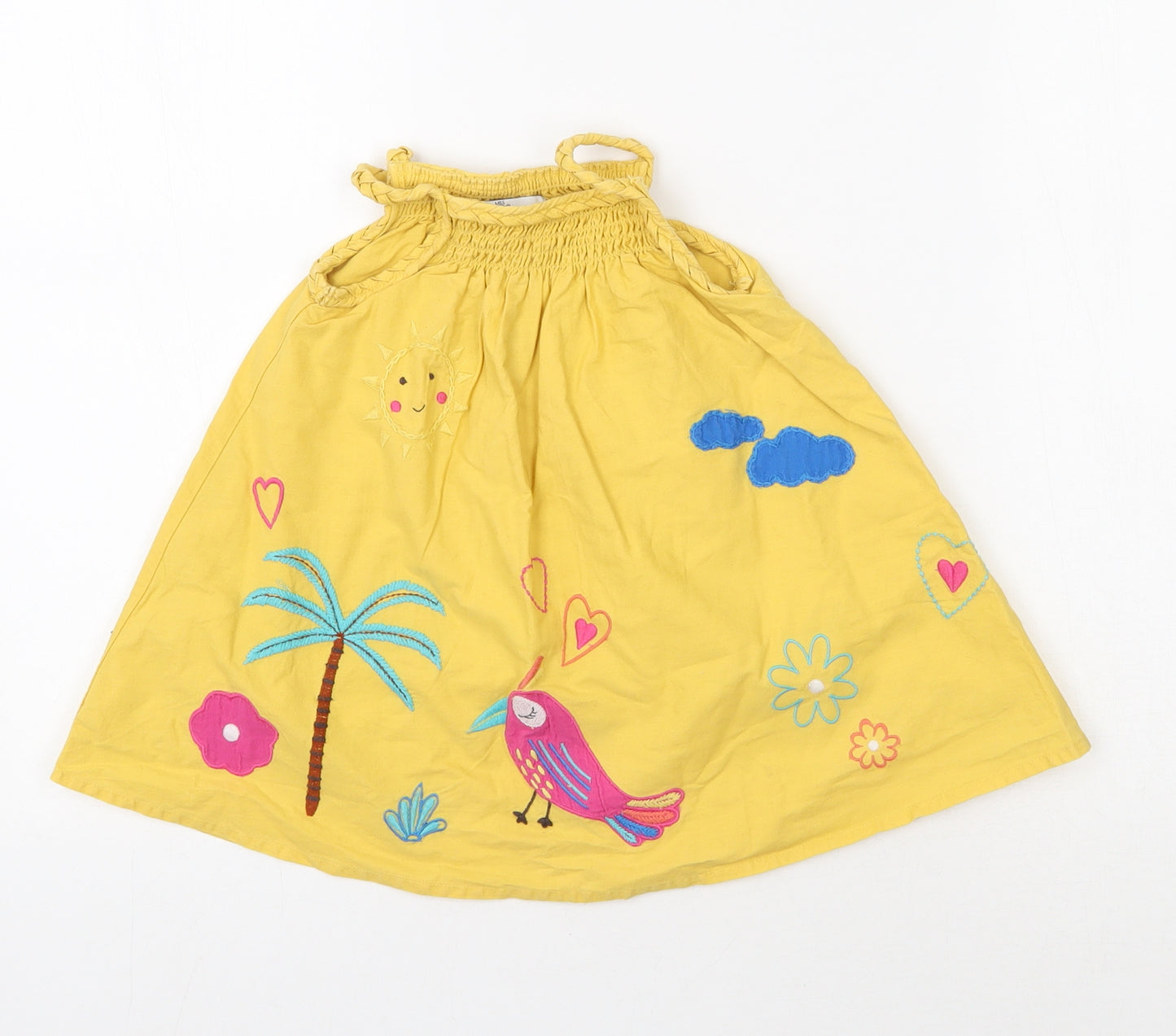 Marks and Spencer Girls Yellow Geometric Cotton Tank Dress  Size 12-18 Months  Round Neck Pullover - Tropical Print