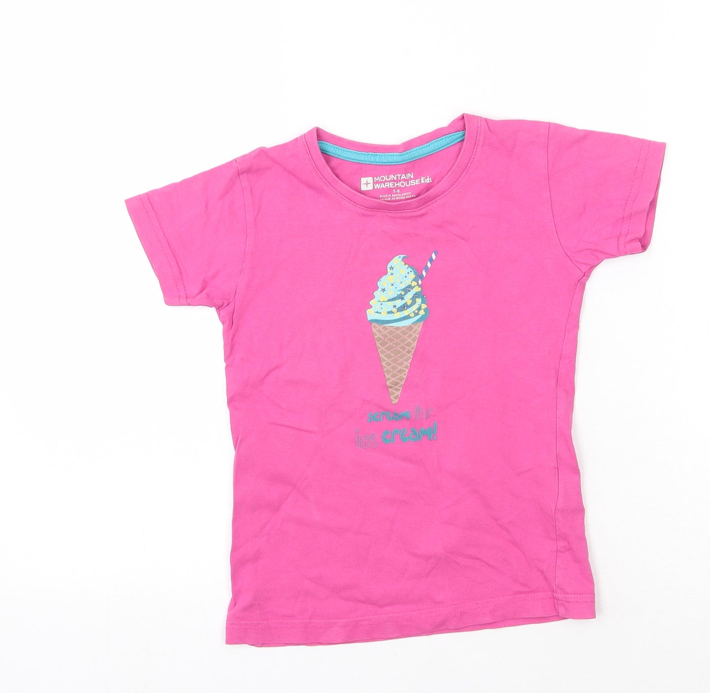 Mountain Warehouse Girls Pink  Cotton Basic T-Shirt Size 5-6 Years Round Neck Pullover - Scream for Ice Cream