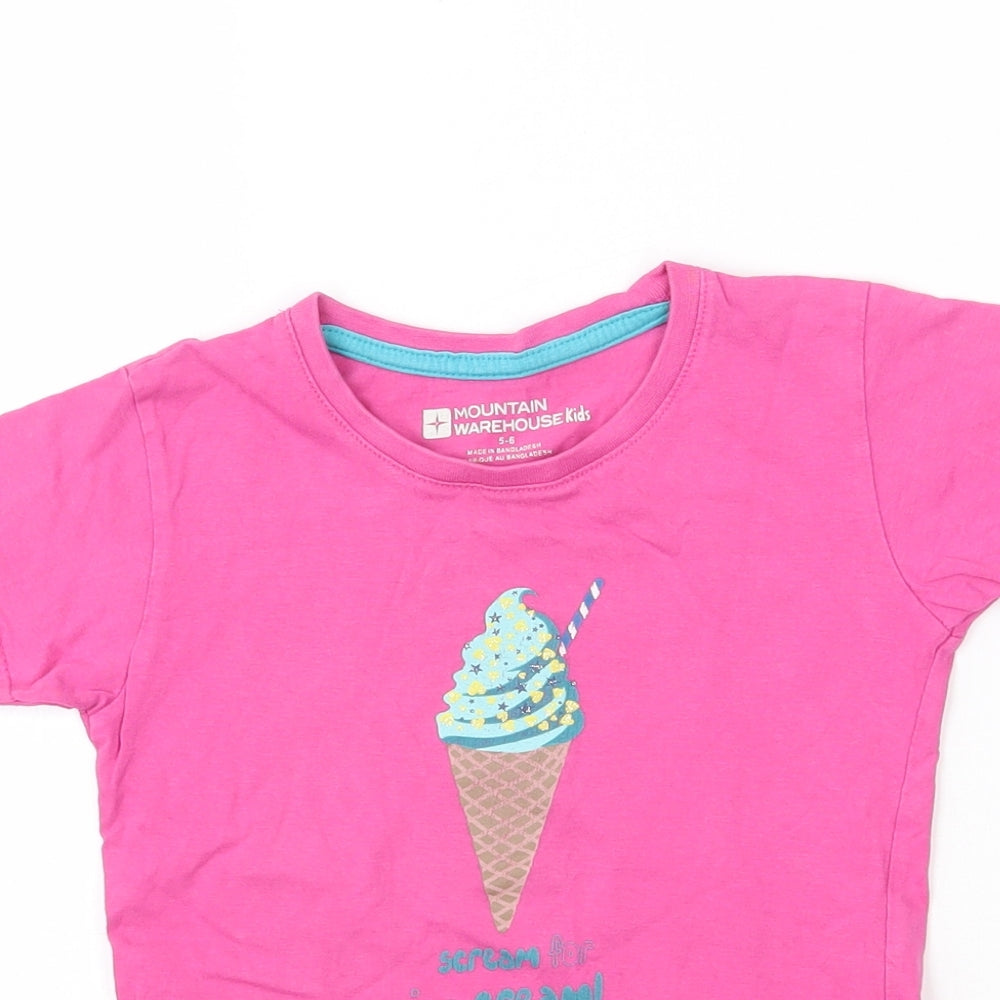 Mountain Warehouse Girls Pink  Cotton Basic T-Shirt Size 5-6 Years Round Neck Pullover - Scream for Ice Cream