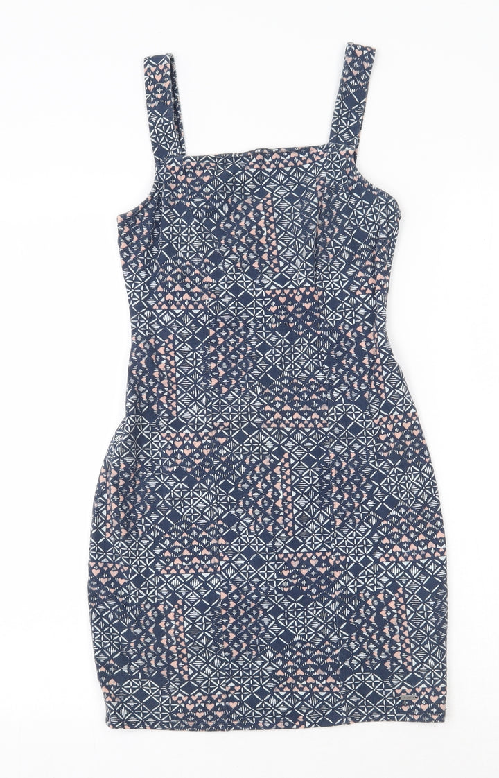 Hollister Womens Blue Geometric Cotton Bodycon Size XS Square Neck Pullover