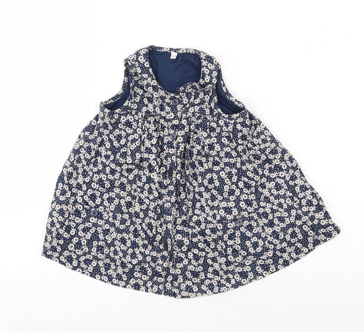 Debenhams Girls Blue Floral Cotton Shirt Dress  Size 6-9 Months  Round Neck Button - smock