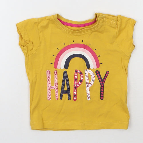 Primark Girls Yellow  Cotton Basic T-Shirt Size 3-6 Months Round Neck Pullover - Happy