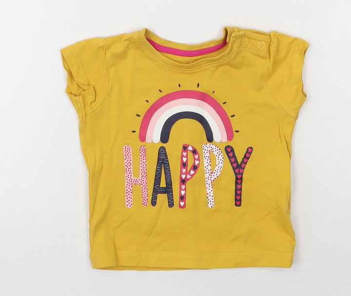 Primark Girls Yellow Cotton Basic T-Shirt Size 3-6 Months Round Neck Pullover - Happy