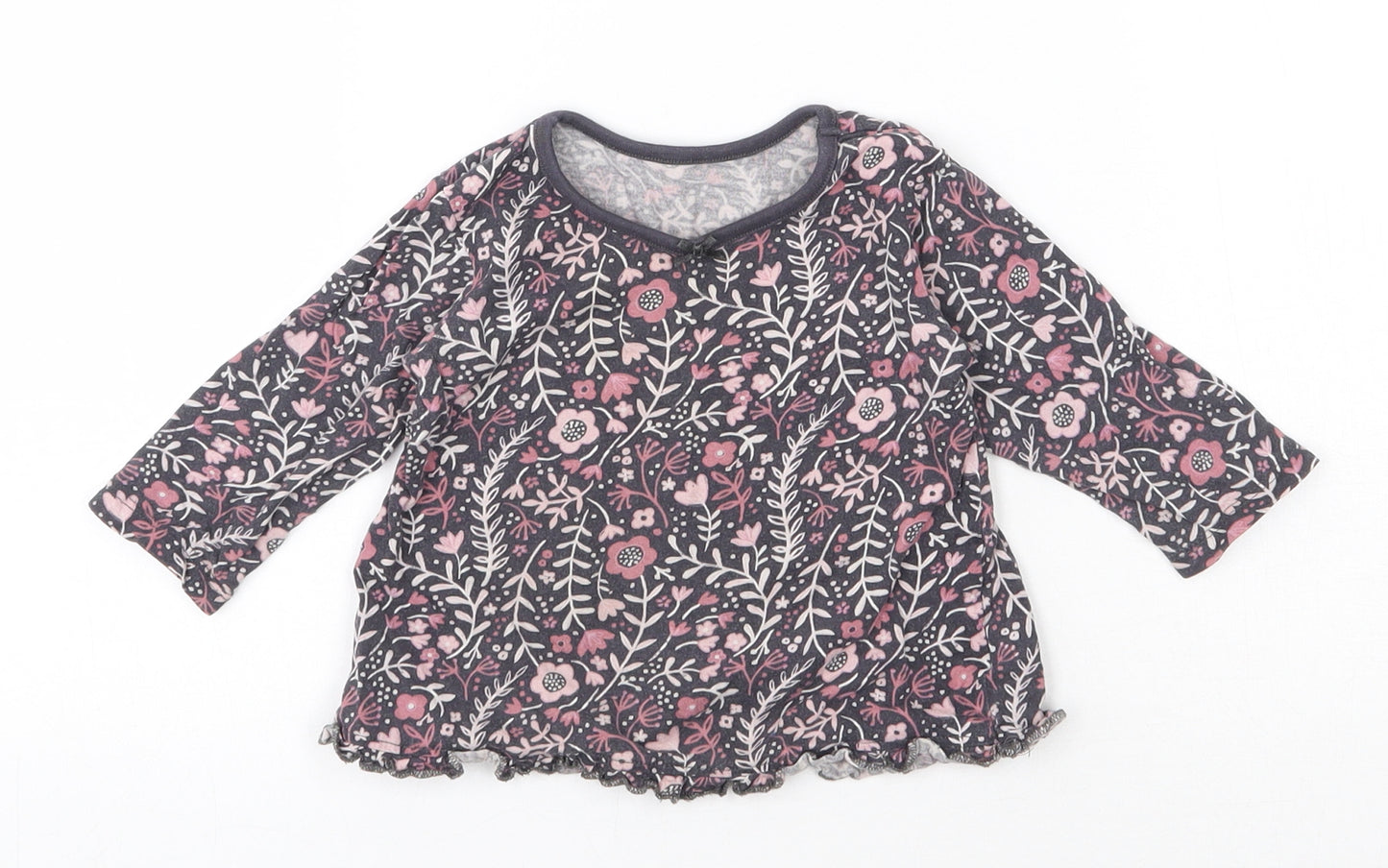 George Girls Grey Floral Cotton Basic T-Shirt Size 6-9 Months Round Neck Pullover