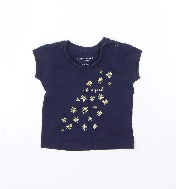 Primark Girls Blue  Cotton Basic T-Shirt Size 0-3 Months Round Neck Pullover - Life is Good