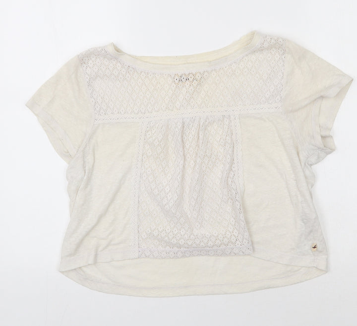 Hollister Womens Ivory Cotton Basic T-Shirt Size S Scoop Neck - Lace detail