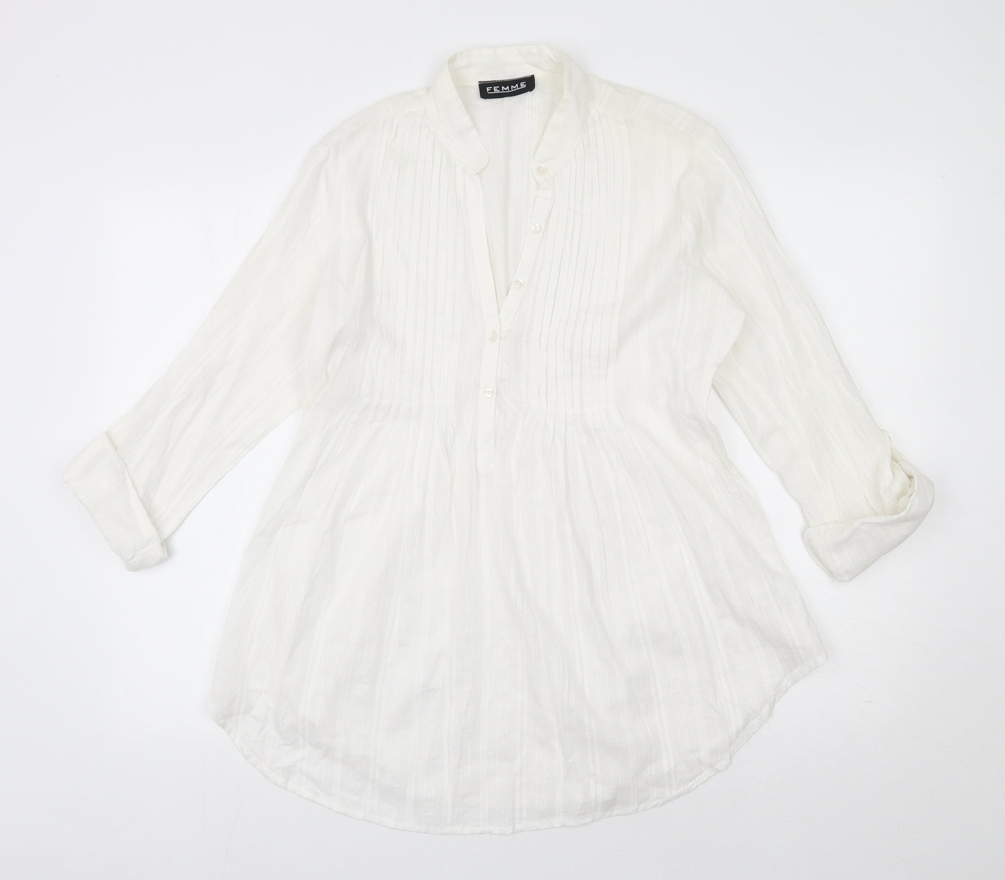 Femme Womens White  Cotton Basic Button-Up Size 10 V-Neck