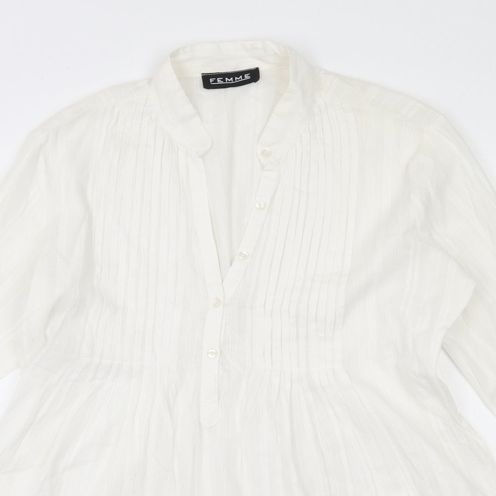 Femme Womens White  Cotton Basic Button-Up Size 10 V-Neck
