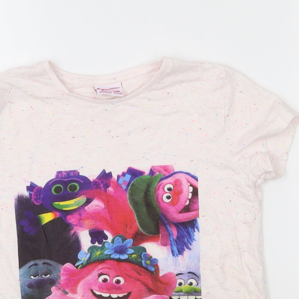 Trolls Girls Pink  Cotton Basic T-Shirt Size 9-10 Years Round Neck Pullover - Flecked