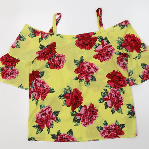 Doroth Womens Yellow Floral Polyester Basic Blouse Size 12 Off the Shoulder