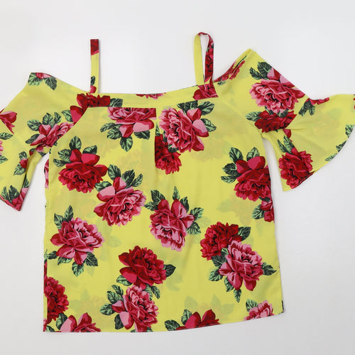 Doroth Womens Yellow Floral Polyester Basic Blouse Size 12 Off the Shoulder